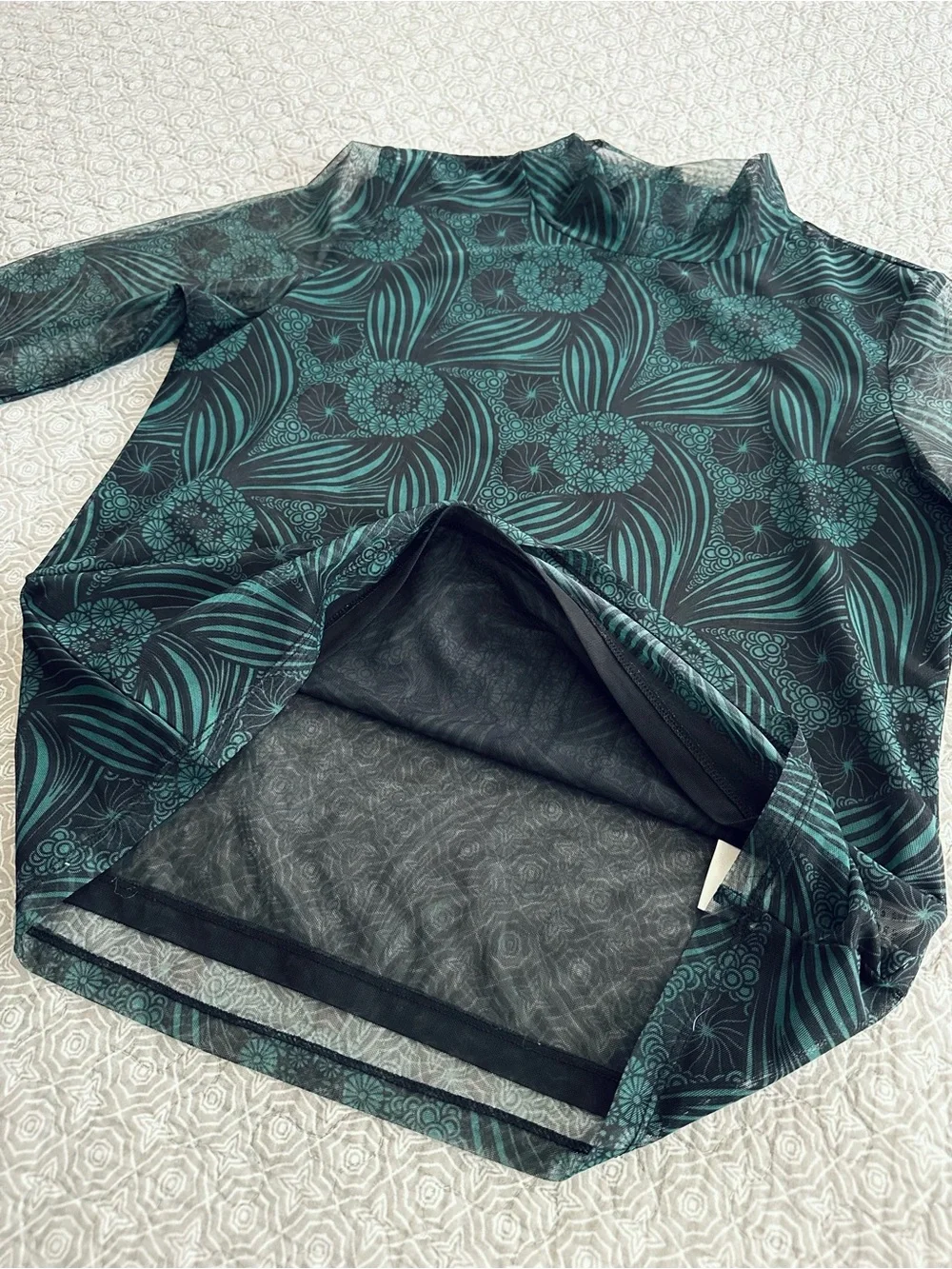 Anthropologie Gauzy Turtleneck Sheer Mesh Teal Green Black Floral Size M